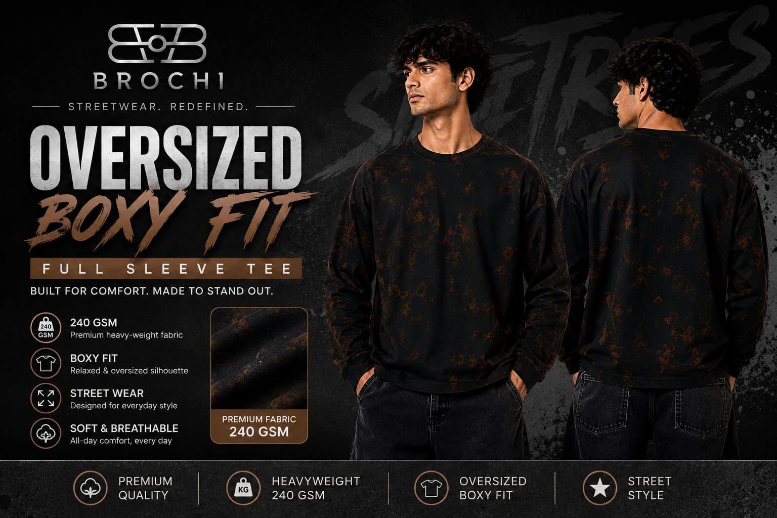 BROCHI oversized boxy fit full sleeve tee promo banner