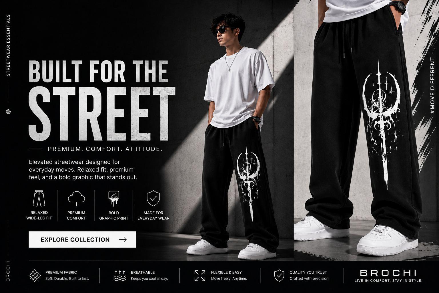 BROCHI built for the street wide-leg sweatpants promo banner